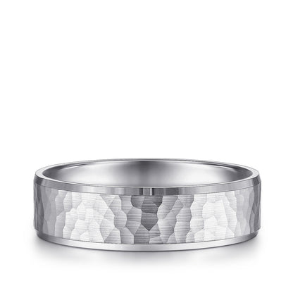 Gabriel & Co. Aiden Men's 6mm Hammered Finish Polished Edge Wedding Ring in 14K White Gold