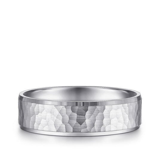 Gabriel & Co. Aiden Men's 6mm Hammered Finish Polished Edge Wedding Ring in 14K White Gold