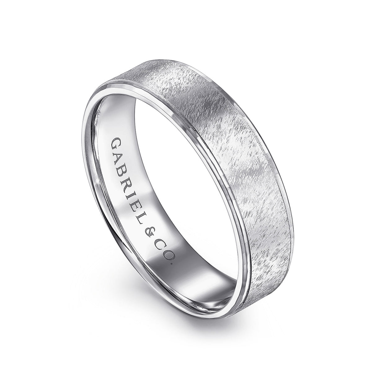 Gabriel & Co. Matthew Men's 6mm Brushed Finish Beveled Edge Wedding Ring in 14K White Gold front view