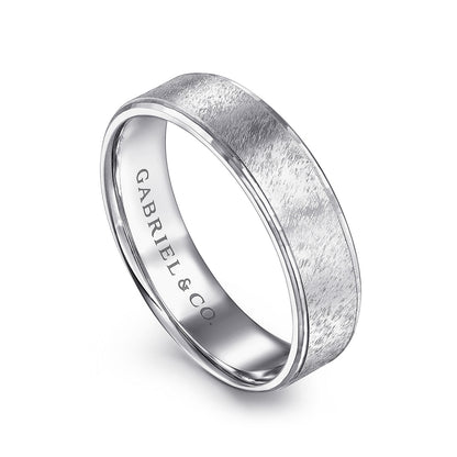 Gabriel & Co. Matthew Men's 6mm Brushed Finish Beveled Edge Wedding Ring in 14K White Gold front view