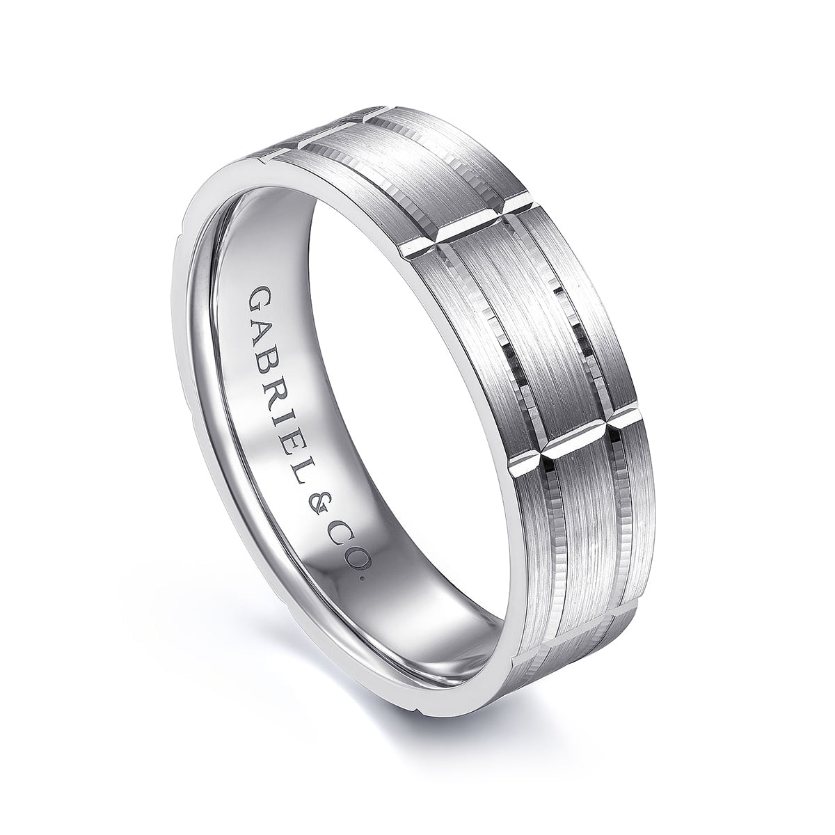 Gabriel & Co. Henry Men's 6mm Satin Finish Checkered Wedding Ring in 14K White Gold front view