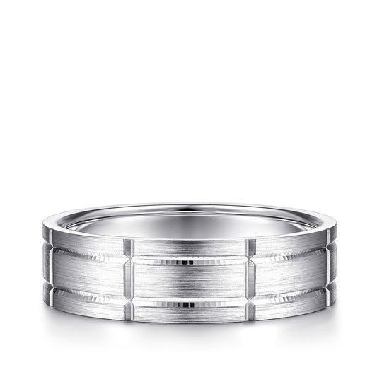 Gabriel & Co. Henry Men's 6mm Satin Finish Checkered Wedding Ring in 14K White Gold