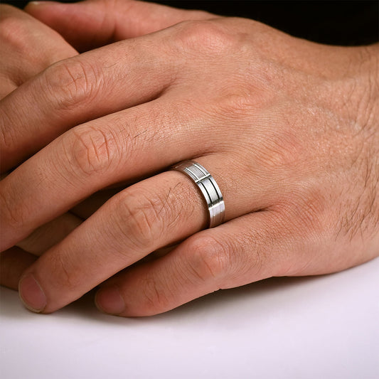 Gabriel & Co. Henry Men's 6mm Satin Finish Checkered Wedding Ring in 14K White Gold close-up detail