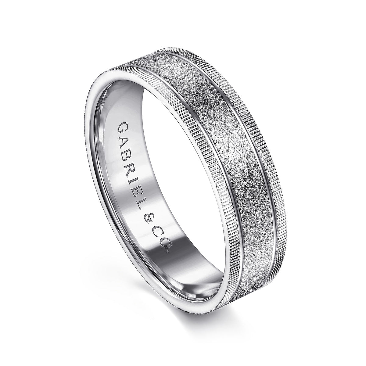 Gabriel & Co. Stuart Men's 6mm Sandblast Finish Textured Edge Wedding Ring in 14K White Gold front view