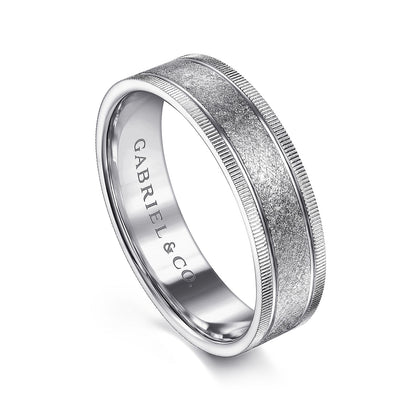 Gabriel & Co. Stuart Men's 6mm Sandblast Finish Textured Edge Wedding Ring in 14K White Gold front view