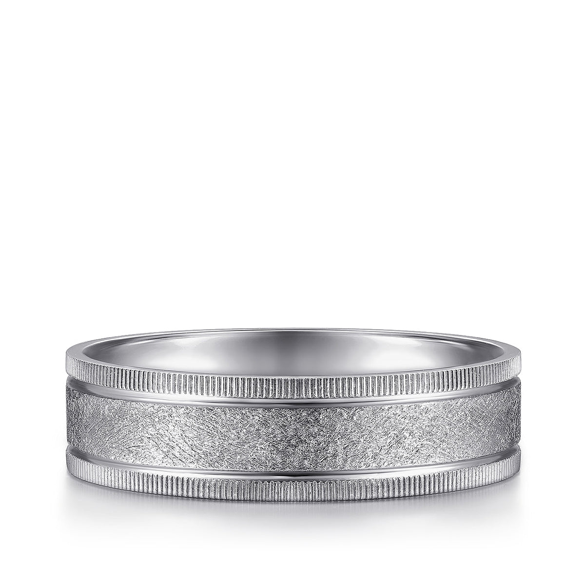 Gabriel & Co. Stuart Men's 6mm Sandblast Finish Textured Edge Wedding Ring in 14K White Gold