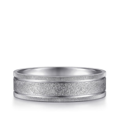 Gabriel & Co. Stuart Men's 6mm Sandblast Finish Textured Edge Wedding Ring in 14K White Gold