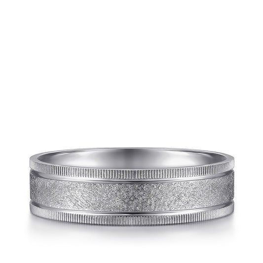 Gabriel & Co. Stuart Men's 6mm Sandblast Finish Textured Edge Wedding Ring in 14K White Gold