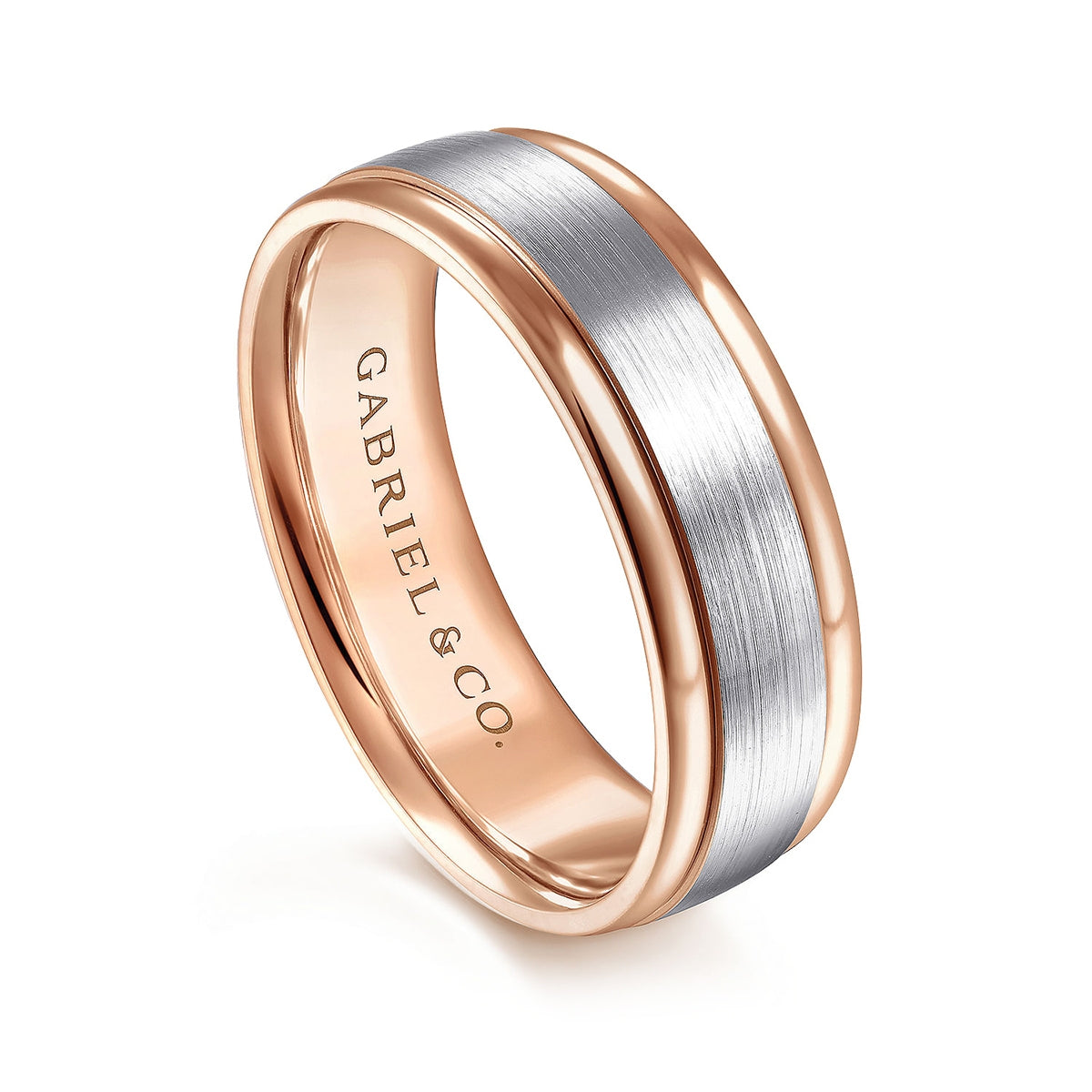 Gabriel & Co. David Men's 7mm Satin Finish Polished Edge Wedding Ring in 14K White & Pink Gold front view