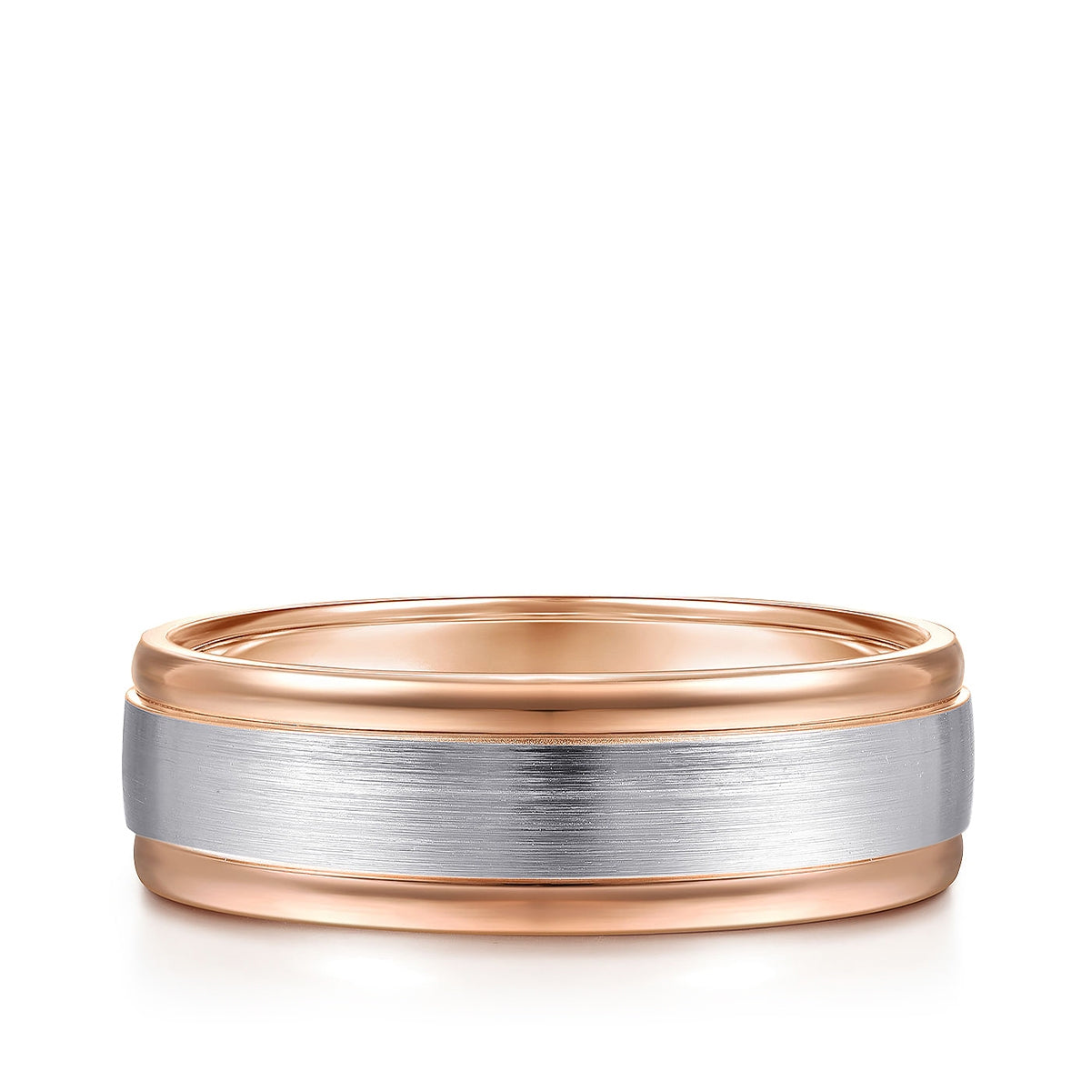 Gabriel & Co. David Men's 7mm Satin Finish Polished Edge Wedding Ring in 14K White & Pink Gold