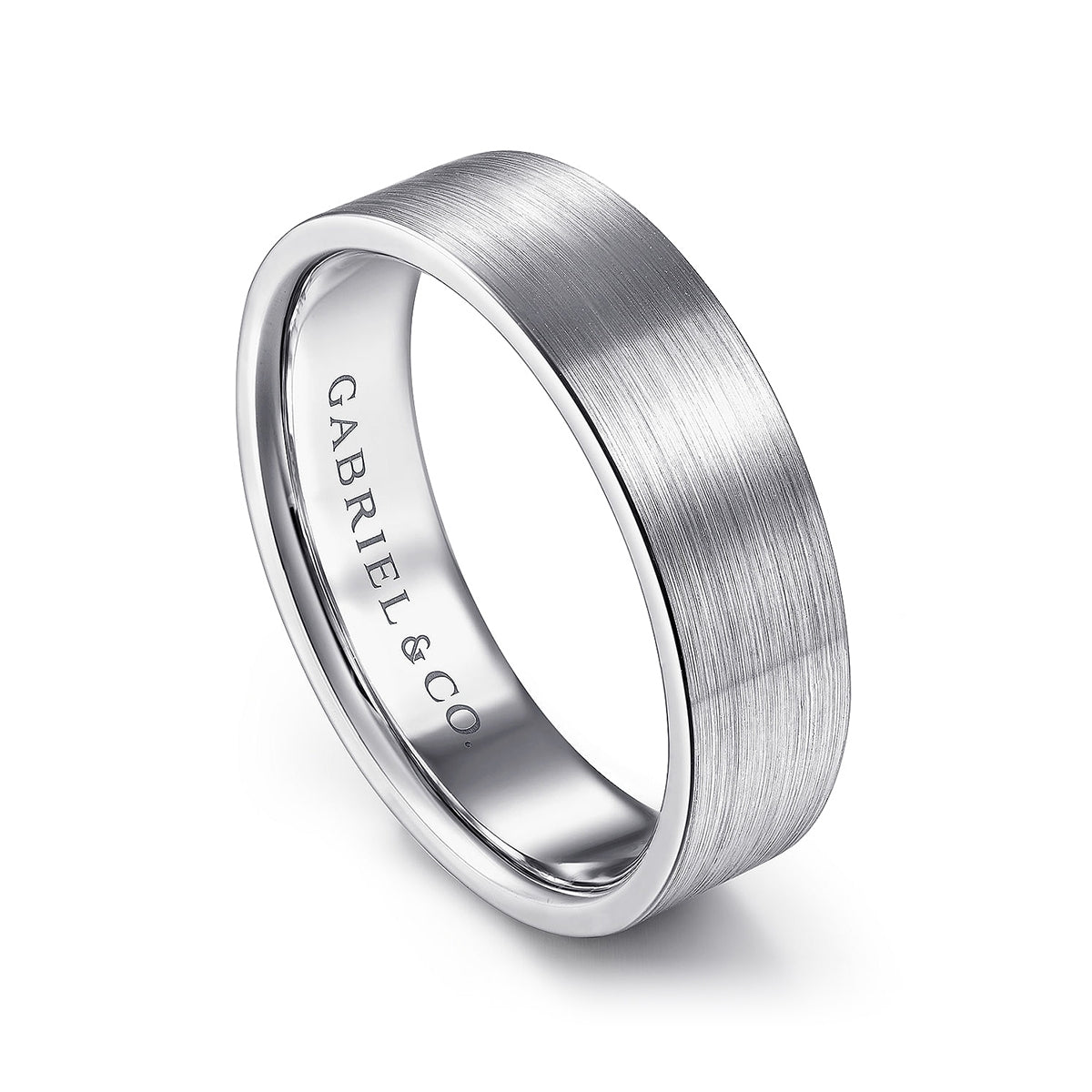 Gabriel & Co. Steven Men's 6mm Satin Finish Flat Wedding Ring in 14K White Gold front view