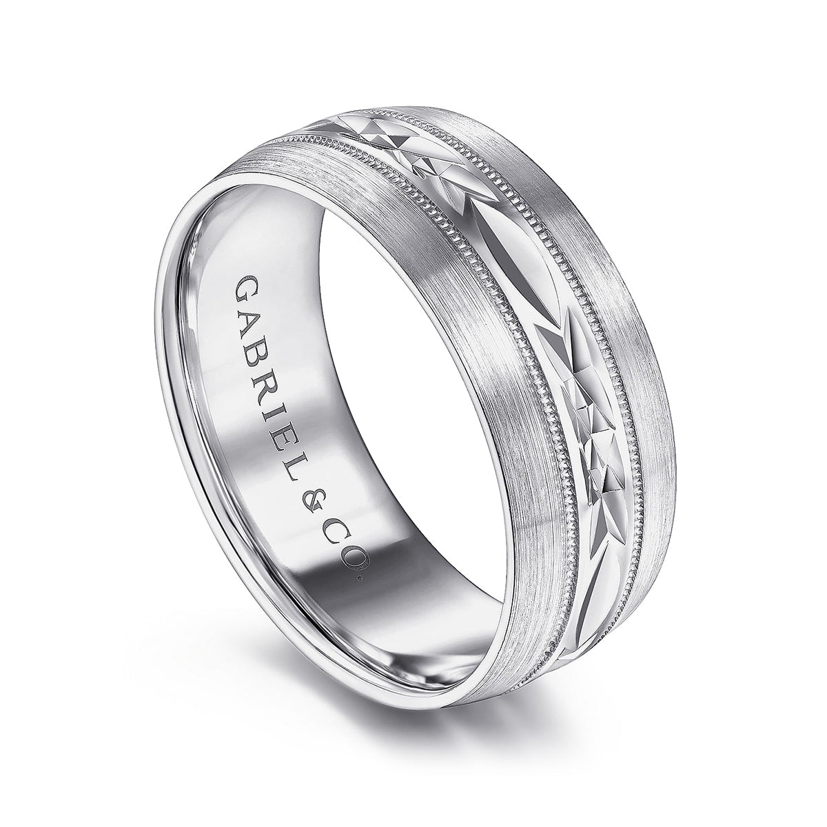 Gabriel & Co. Russell Men's 8mm Satin Finish Engraved Wedding Ring in 14K White Gold front view