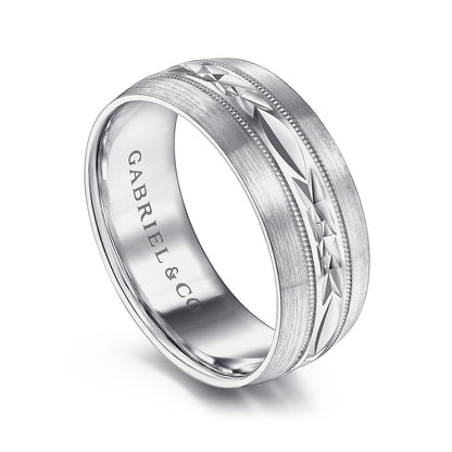 Gabriel & Co. Russell Men's 8mm Satin Finish Engraved Wedding Ring in 14K White Gold front view