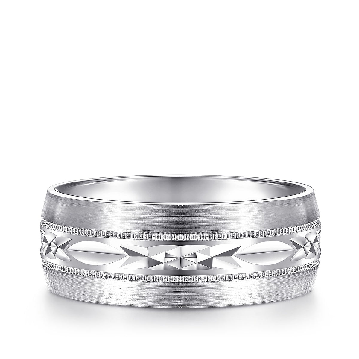 Gabriel & Co. Russell Men's 8mm Satin Finish Engraved Wedding Ring in 14K White Gold
