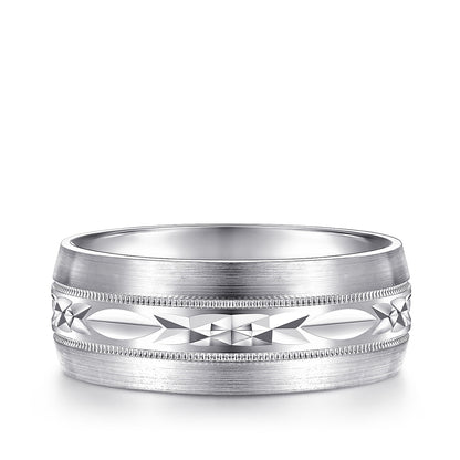 Gabriel & Co. Russell Men's 8mm Satin Finish Engraved Wedding Ring in 14K White Gold
