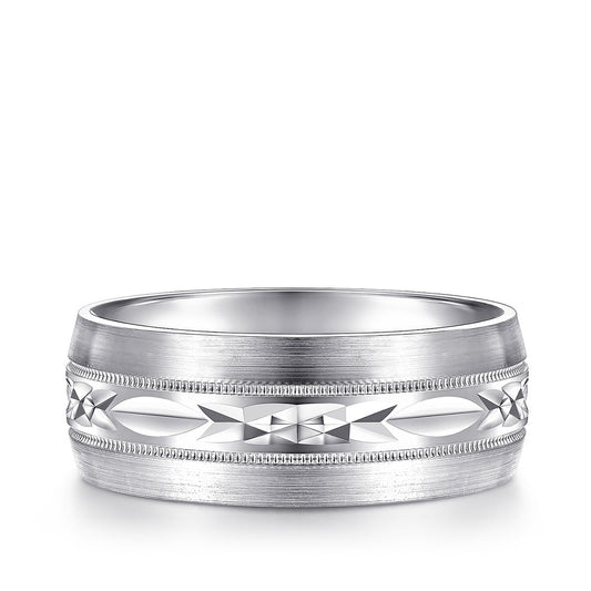Gabriel & Co. Russell Men's 8mm Satin Finish Engraved Wedding Ring in 14K White Gold