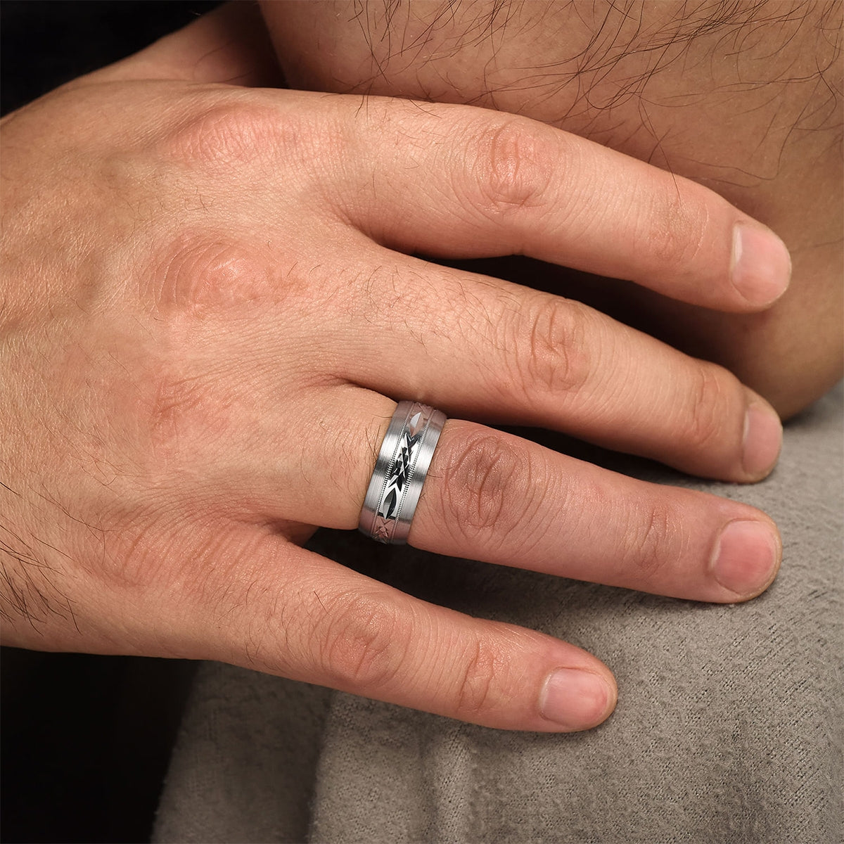 Gabriel & Co. Russell Men's 8mm Satin Finish Engraved Wedding Ring in 14K White Gold close-up detail