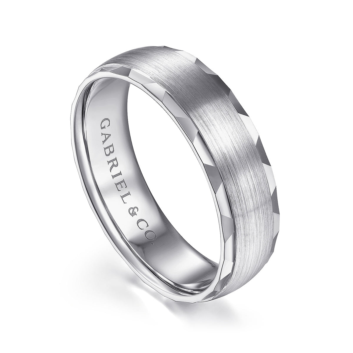Gabriel & Co. Julian Men's 6mm Satin Finish Carved Edge Wedding Ring in 14k White Gold front view