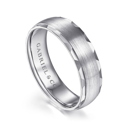 Gabriel & Co. Julian Men's 6mm Satin Finish Carved Edge Wedding Ring in 14k White Gold front view