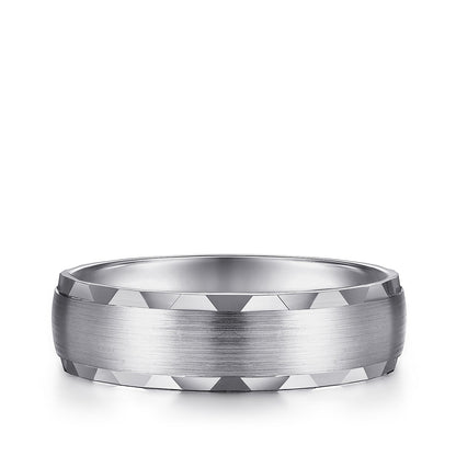 Gabriel & Co. Julian Men's 6mm Satin Finish Carved Edge Wedding Ring in 14k White Gold