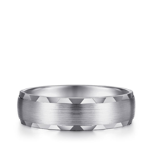 Gabriel & Co. Julian Men's 6mm Satin Finish Carved Edge Wedding Ring in 14k White Gold