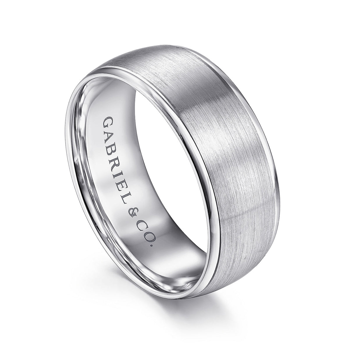 Gabriel & Co. Nathaniel Men's 8mm Satin Finish Polished Edge Wedding Ring in 14K White Gold front view