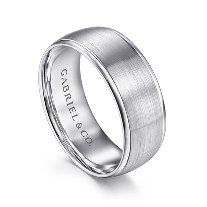 Gabriel & Co. Nathaniel Men's 8mm Satin Finish Polished Edge Wedding Ring in 14K White Gold front view