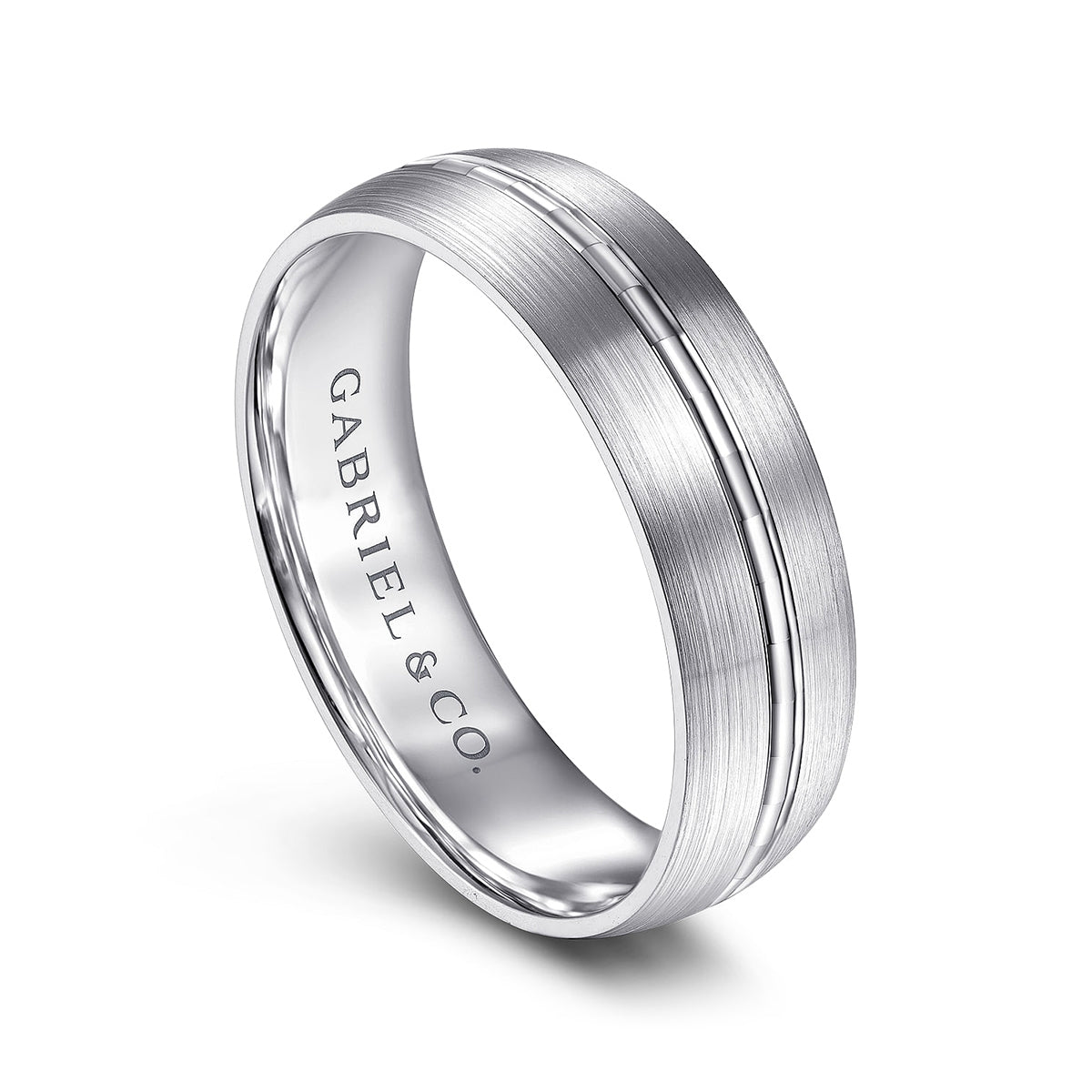 Gabriel & Co. Owen Men's 6mm Satin Finish Textured Center Line Wedding Ring in 14K White Gold front view