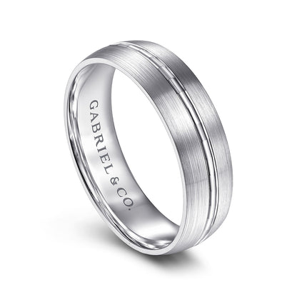 Gabriel & Co. Owen Men's 6mm Satin Finish Textured Center Line Wedding Ring in 14K White Gold front view