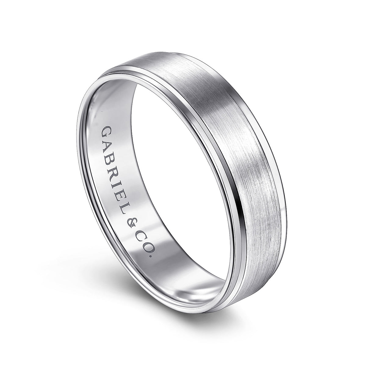 Gabriel & Co. Grayson Men's 6mm Satin Finish Beveled Edge Wedding Ring in 14K White Gold front view
