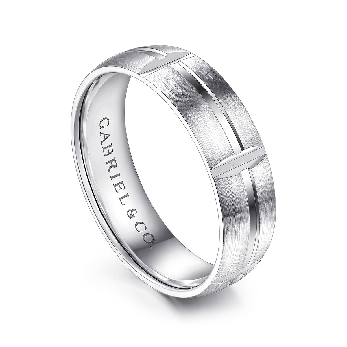 Gabriel & Co. Levi Men's 6mm Satin Finish Carved Station Wedding Ring in 14K White Gold front view