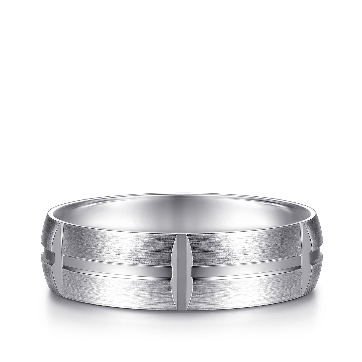 Gabriel & Co. Levi Men's 6mm Satin Finish Carved Station Wedding Ring in 14K White Gold