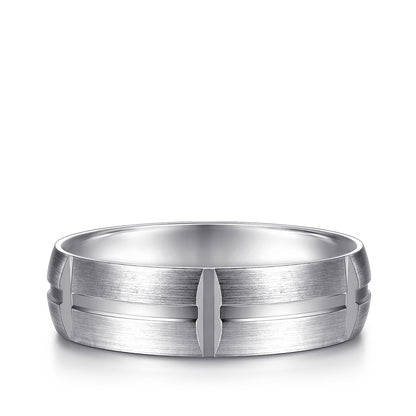 Gabriel & Co. Levi Men's 6mm Satin Finish Carved Station Wedding Ring in 14K White Gold