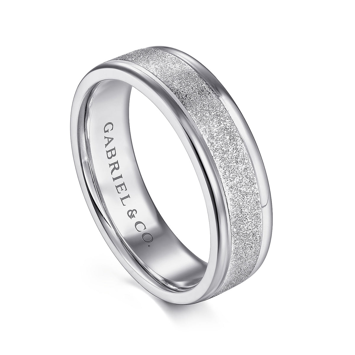 Gabriel & Co. Matteo Men's 6mm Sandblast Finish Polished Edge Wedding Ring in 14K White Gold front view