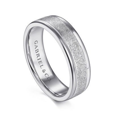 Gabriel & Co. Matteo Men's 6mm Sandblast Finish Polished Edge Wedding Ring in 14K White Gold front view