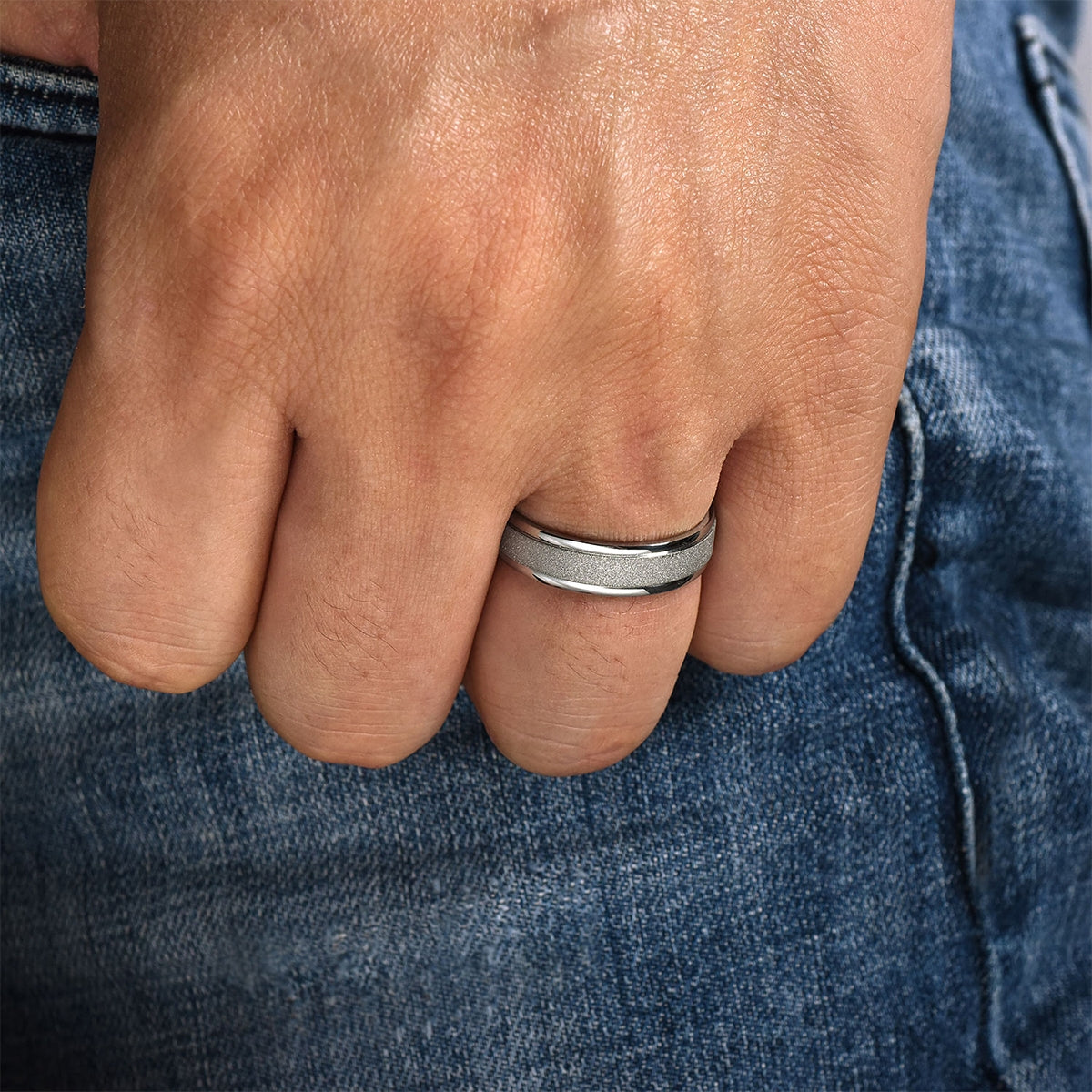 Gabriel & Co. Matteo Men's 6mm Sandblast Finish Polished Edge Wedding Ring in 14K White Gold close-up detail