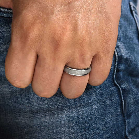 Gabriel & Co. Matteo Men's 6mm Sandblast Finish Polished Edge Wedding Ring in 14K White Gold close-up detail
