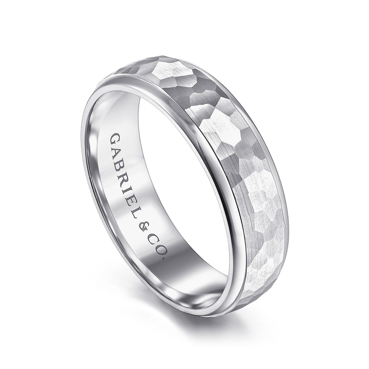 Gabriel & Co. Joshua Men's 6mm Hammered Finish Polished Edge Wedding Ring in 14K White Gold front view