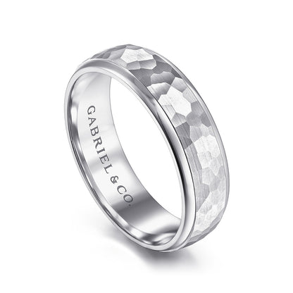 Gabriel & Co. Joshua Men's 6mm Hammered Finish Polished Edge Wedding Ring in 14K White Gold front view