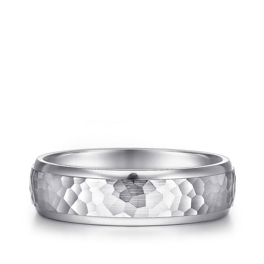 Gabriel & Co. Joshua Men's 6mm Hammered Finish Polished Edge Wedding Ring in 14K White Gold