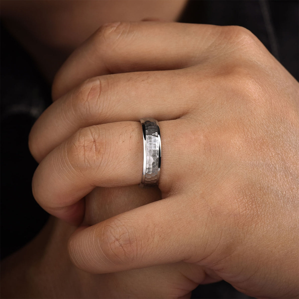 Gabriel & Co. Joshua Men's 6mm Hammered Finish Polished Edge Wedding Ring in 14K White Gold close-up detail