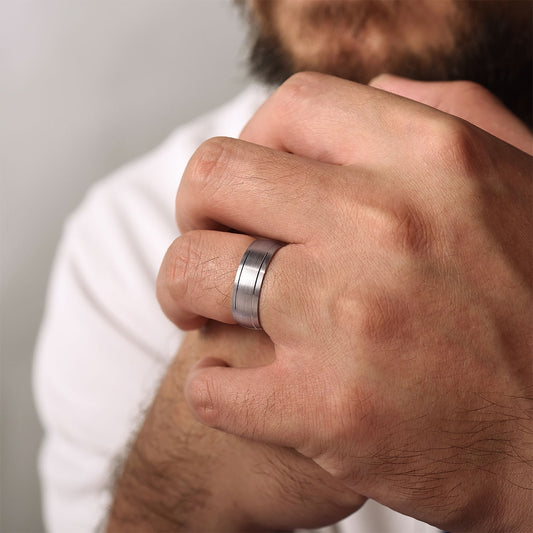 Gabriel & Co. Andrew Men's 7mm Satin Finish Wedding Ring in 14K White Gold close-up detail