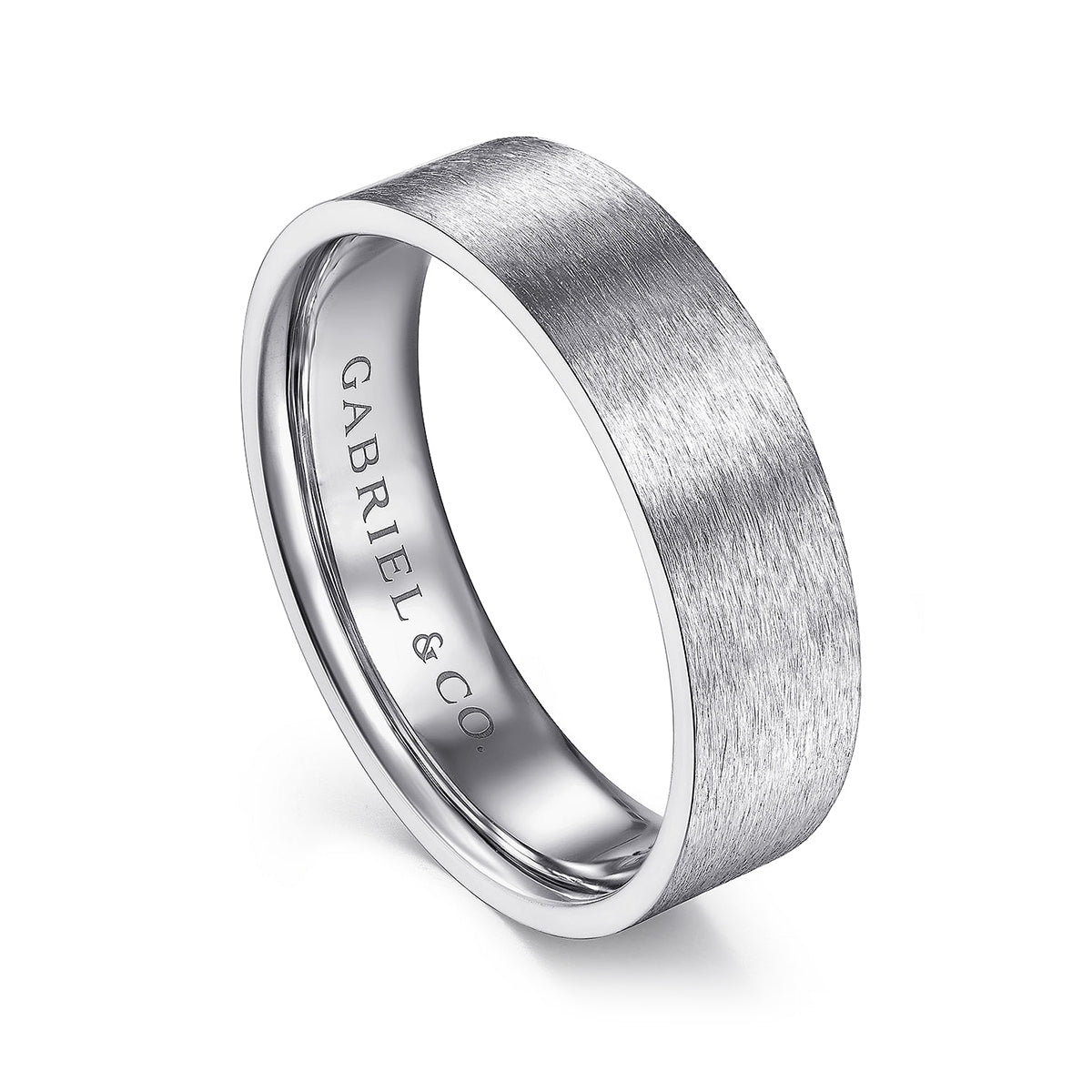 Gabriel & Co. Theodore Men's 6mm Brushed Finish Flat Wedding Ring in 14K White Gold front view