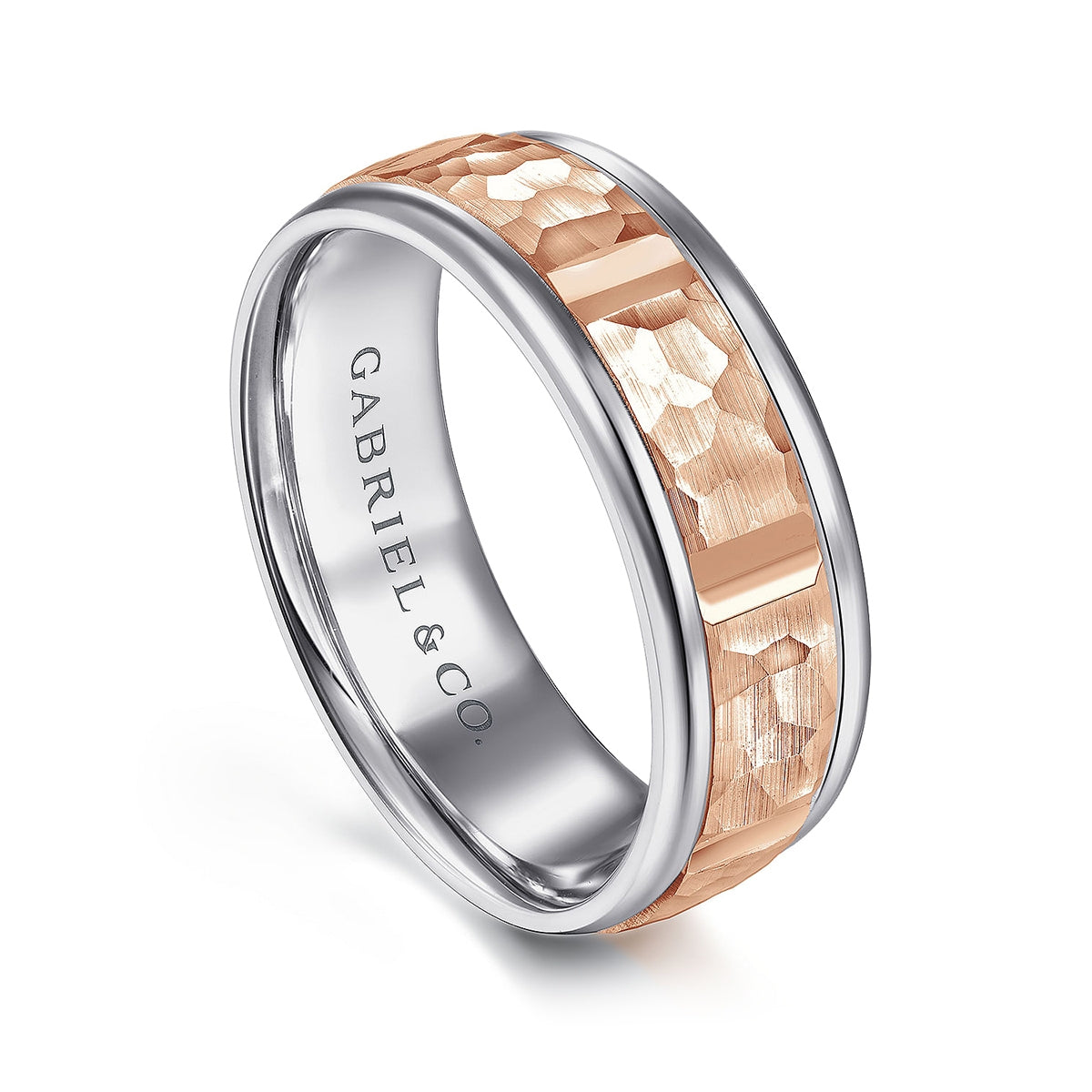 Gabriel & Co. John Men's 7mm Hammered Finish Station Wedding Ring in 14K Pink & White front view