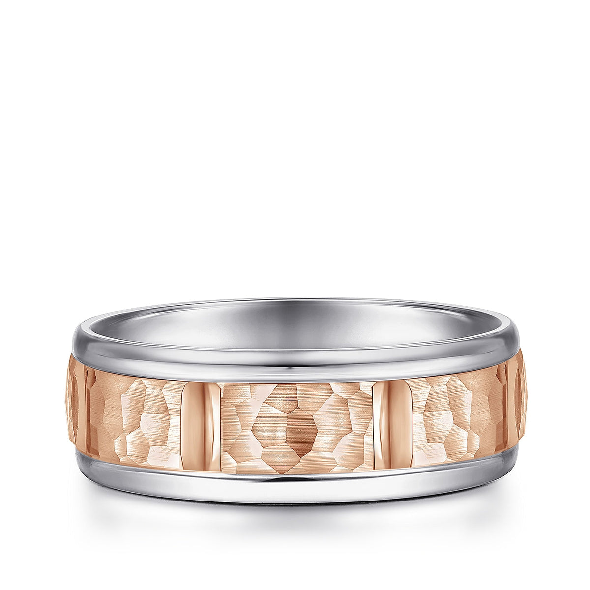 Gabriel & Co. John Men's 7mm Hammered Finish Station Wedding Ring in 14K Pink & White