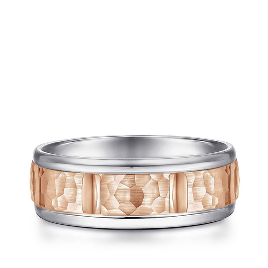 Gabriel & Co. John Men's 7mm Hammered Finish Station Wedding Ring in 14K Pink & White