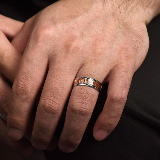 Gabriel & Co. John Men's 7mm Hammered Finish Station Wedding Ring in 14K Pink & White close-up detail