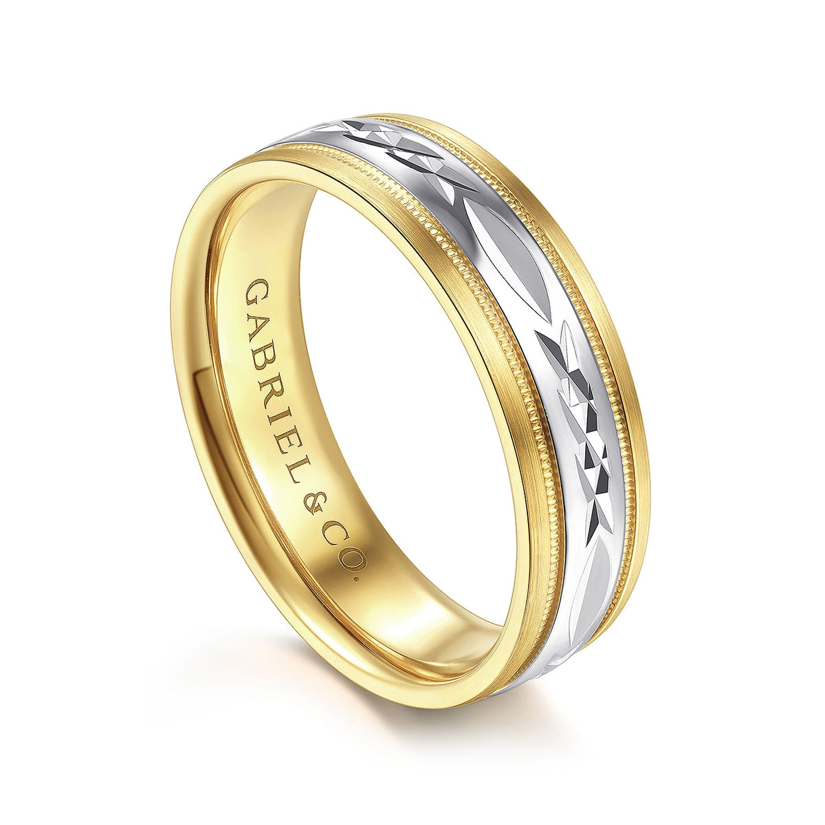 Gabriel & Co. Christopher Men's 6mm Satin Finish Engraved Wedding Ring in 14K White & Yellow Gold front view