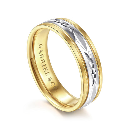 Gabriel & Co. Christopher Men's 6mm Satin Finish Engraved Wedding Ring in 14K White & Yellow Gold front view