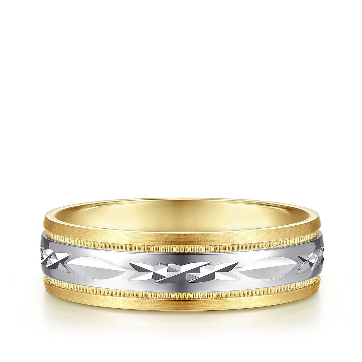 Gabriel & Co. Christopher Men's 6mm Satin Finish Engraved Wedding Ring in 14K White & Yellow Gold